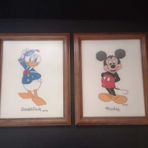 Framed Completed Vintage Mickey Mouse & Donald Duck Cross Stitch Pictures - Picture 1 of 5